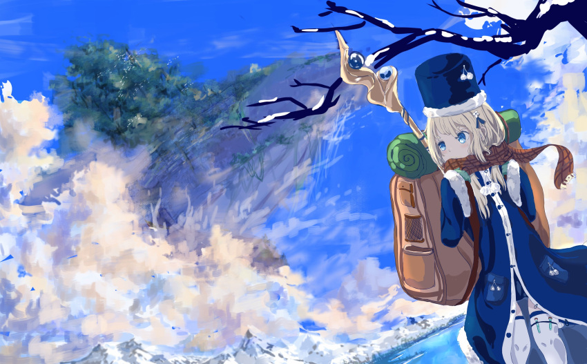 1girl animal backpack bag bangs blonde_hair blue_coat blue_dress blue_eyes blue_headwear blue_sky brown_bag c4_art cloud coat commentary cowboy_shot dress forest fur-trimmed_headwear gloves green_gloves highres holding holding_staff lake long_hair looking_back mountain nature original oversized_animal scenery sky solo staff thighhighs water whale white_thighhighs