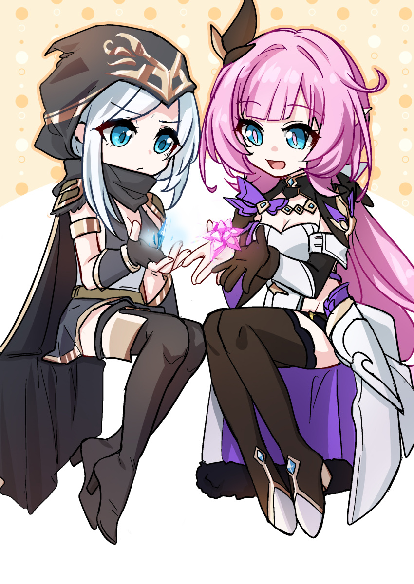 2girls :d absurdres ashe_(league_of_legends) bangs black_cape black_footwear black_gloves black_shorts black_skirt blue_eyes blue_hair boots cape closed_mouth crystal elf elysia_(honkai_impact) elysia_(miss_pink_elf)_(honkai_impact) fingerless_gloves full_body gloves hair_ornament hanyaohui high_heel_boots high_heels highres honkai_(series) honkai_impact_3rd invisible_chair league_of_legends long_hair multiple_girls open_mouth pink_hair pointy_ears power_connection shorts shrug_(clothing) single_glove sitting skirt smile thigh_boots two-tone_background white_background yellow_background