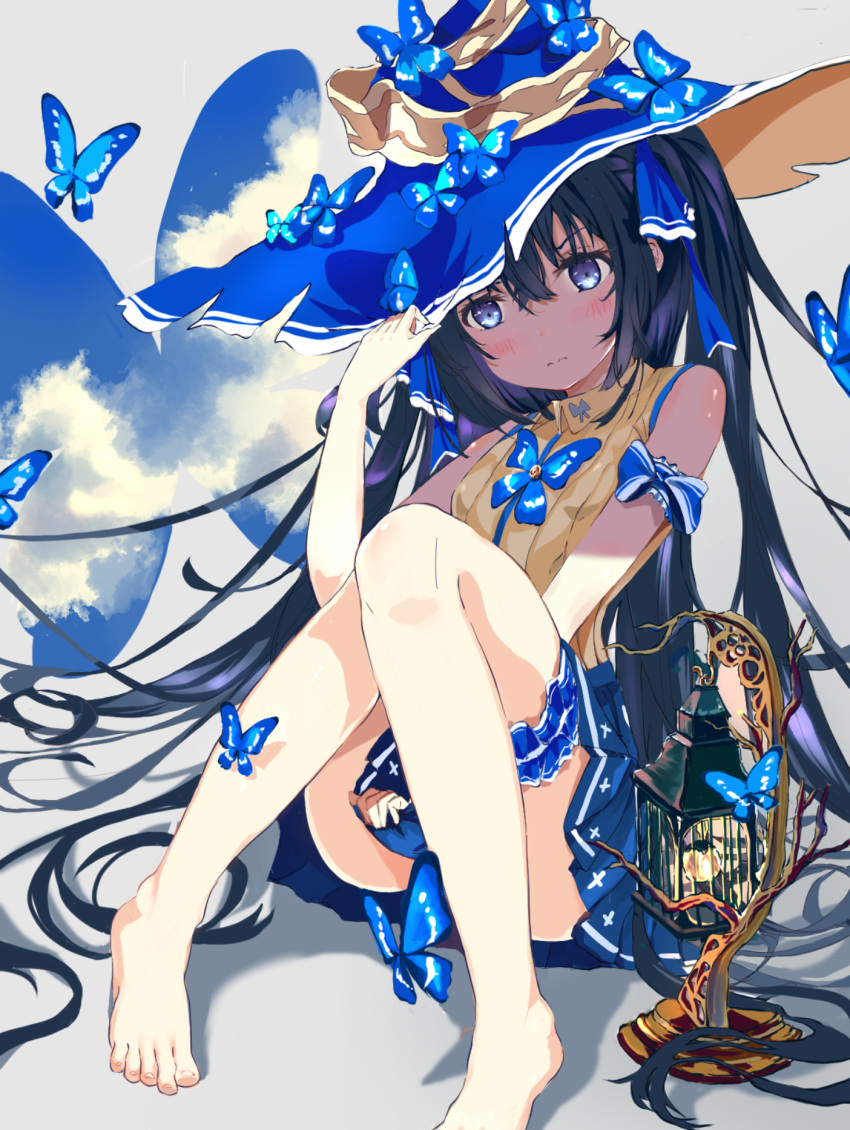 1girl bangs barefoot black_hair blue_butterfly blue_eyes blue_headwear blue_skirt blush breasts bug butterfly c4_art closed_mouth collared_shirt commentary_request full_body hair_between_eyes hat highres lantern long_hair looking_at_viewer miniskirt original shirt sitting skirt sleeveless sleeveless_shirt small_breasts solo two_side_up v-shaped_eyebrows very_long_hair white_background witch_hat yellow_shirt