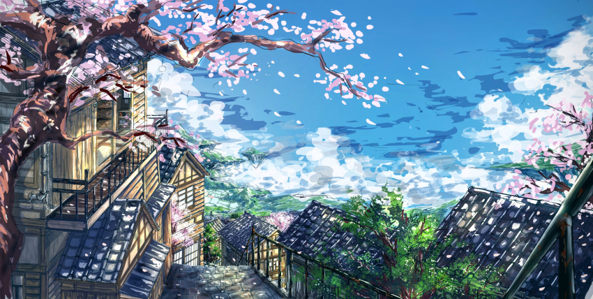 architecture balcony blue_sky book bookshelf brick_floor building c4_art cherry_blossoms cloud commentary day east_asian_architecture floating_island highres house original painterly railing rooftop scenery sky town tree