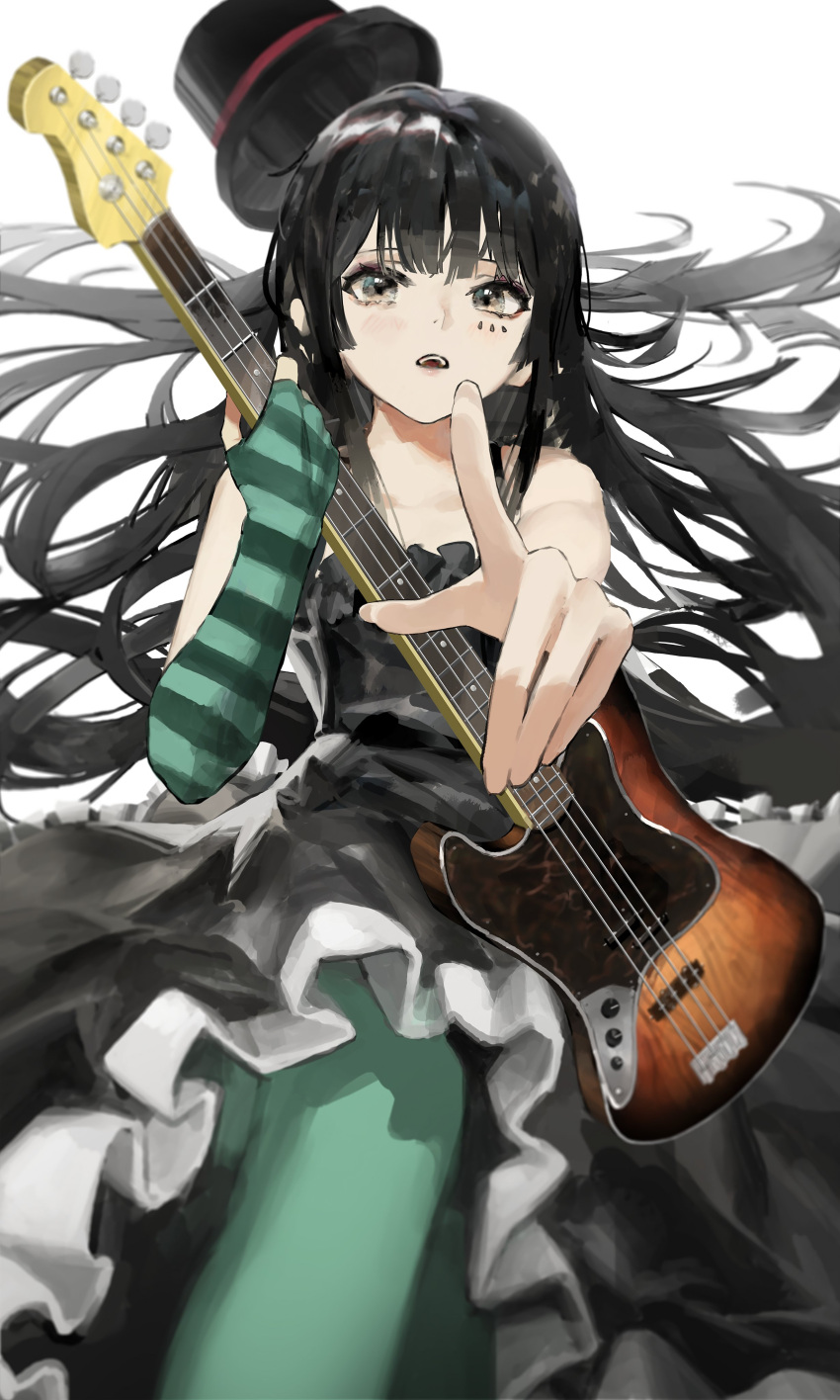 absurdres akiyama_mio bangs bass_guitar black_dress black_eyes black_hair black_headwear blunt_bangs don't_say_"lazy" dress elbow_gloves fingerless_gloves gloves green_pantyhose hat highres hime_cut holding holding_instrument instrument k-on! lace left-handed long_hair looking_at_viewer mini_hat mini_top_hat multicolored_clothes multicolored_gloves pantyhose pointing pointing_at_viewer reclining rsef sidelocks simple_background single_glove sleeveless sleeveless_dress striped striped_gloves top_hat white_background