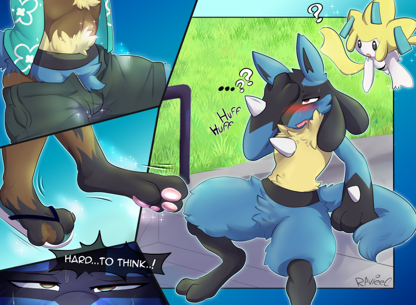 aloha_shirt anthro blue_body blue_fur blush bodily_fluids bottomwear chest_spike clothed clothing crotch_tuft dialogue duo english_text featureless_crotch fur fur_growth generation_3_pokemon generation_4_pokemon grass growth hand_spike hi_res human human_to_anthro jirachi legendary_pokemon lucario male mammal nintendo nude outside pattern_clothing pattern_shirt pattern_topwear plant pokemon pokemon_(species) question_mark ravieel shaded shirt shorts sitting species_transformation spikes spikes_(anatomy) sweat sweatdrop text topwear transformation tuft video_games yellow_body yellow_fur