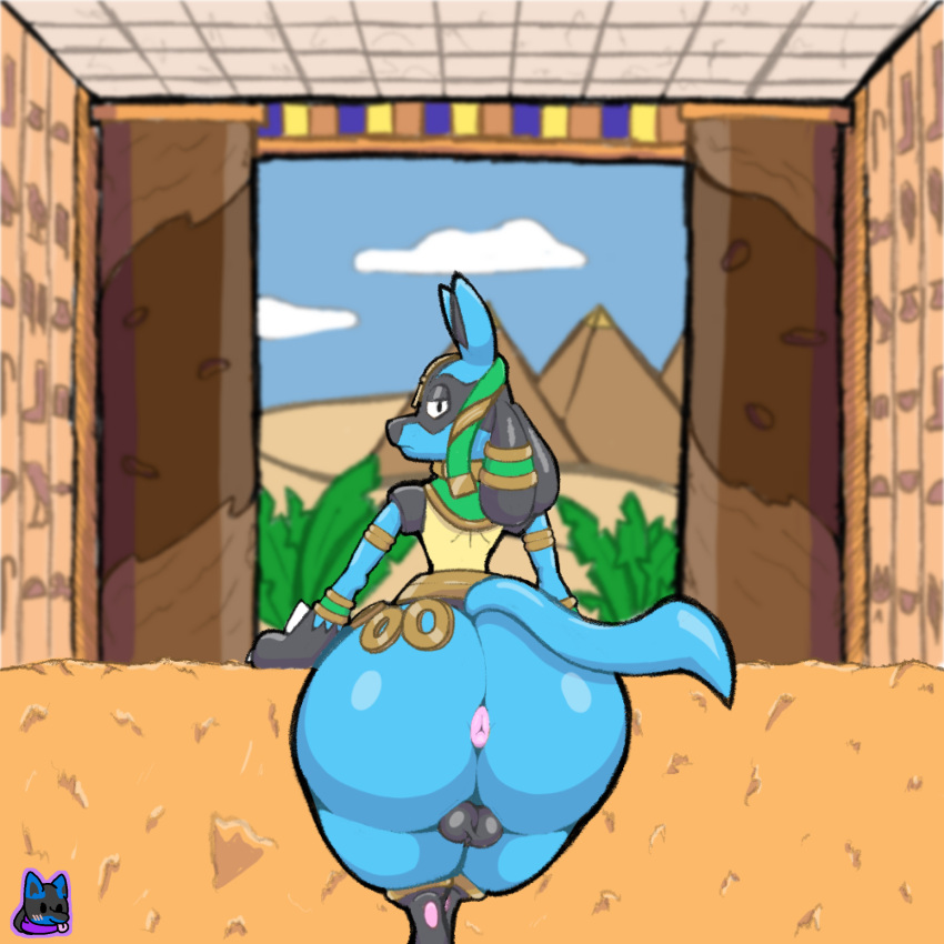 1:1 anthro balls big_butt black_balls butt generation_4_pokemon genitals hi_res hieroglyphics holowear_(pokemon) looking_at_viewer lucario male nintendo pokemon pokemon_(species) pokemon_unite pyramid ruins_style_lucario snowcario_(artist) solo spikes spikes_(anatomy) video_games