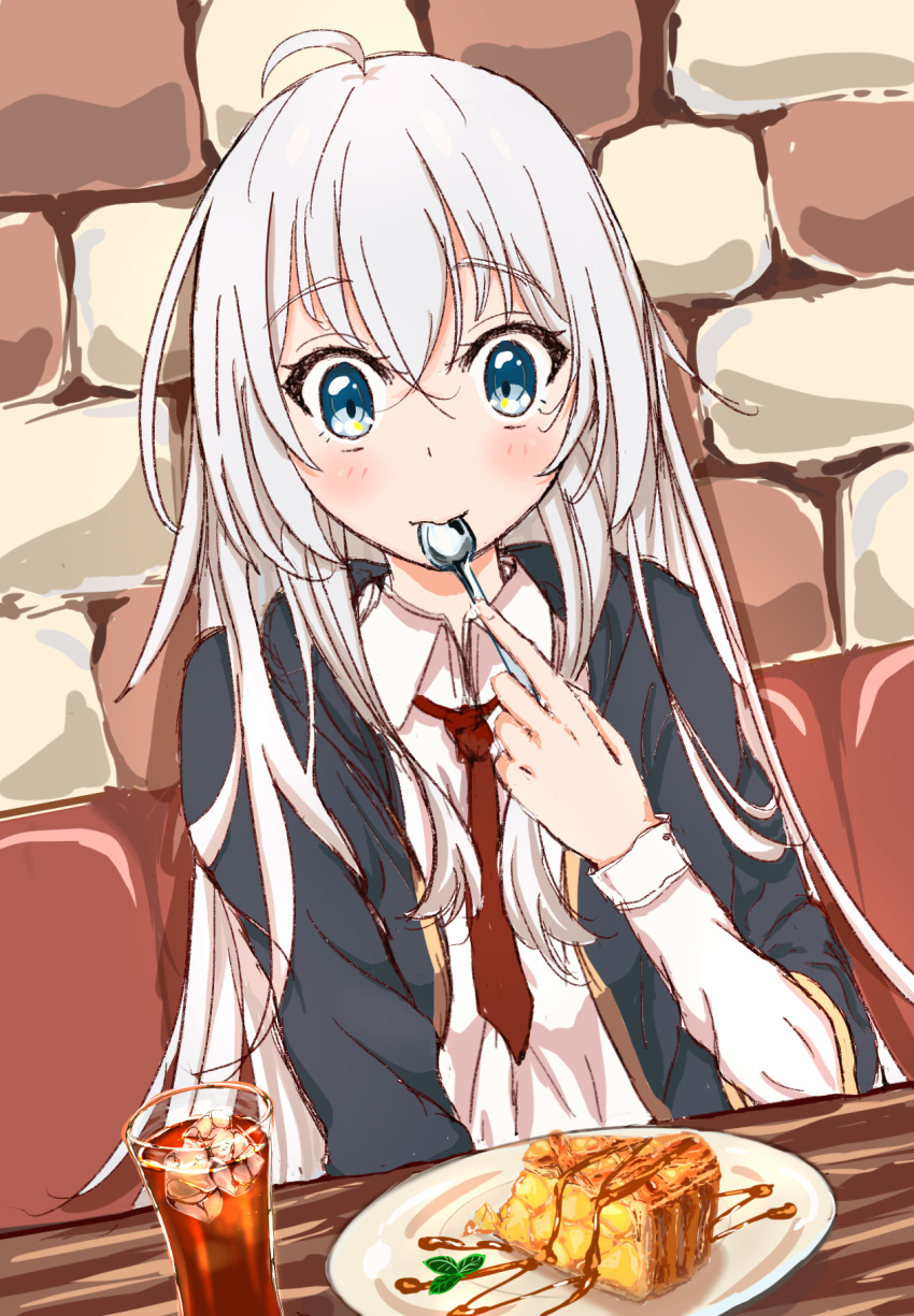 1girl ahoge apple_pie bangs black_coat black_tea blue_eyes blush brick_wall c4_art closed_mouth coat collared_shirt commentary_request crossed_bangs eating flat_chest food hair_between_eyes highres holding holding_spoon ice ice_cube iced_tea long_hair long_sleeves necktie open_clothes open_coat original plate red_necktie shirt solo spoon tea upper_body white_hair white_shirt