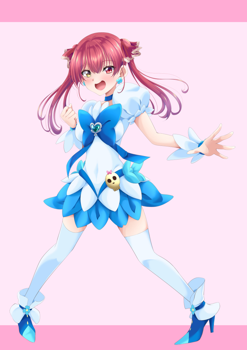 1girl absurdres alternate_costume blue_choker blue_footwear blue_skirt boots breasts brooch choker clover_earrings cosplay cure_marine cure_marine_(cosplay) flower_brooch full_body hair_ribbon heart_brooch heartcatch_precure! heterochromia high_heels highres hololive houshou_marine jewelry long_hair magical_girl medium_breasts pink_background precure puffy_short_sleeves puffy_sleeves red_eyes red_hair ribbon s-operator shirt short_sleeves skirt skull_ornament solo thighhighs twintails virtual_youtuber white_shirt white_thighhighs yellow_eyes