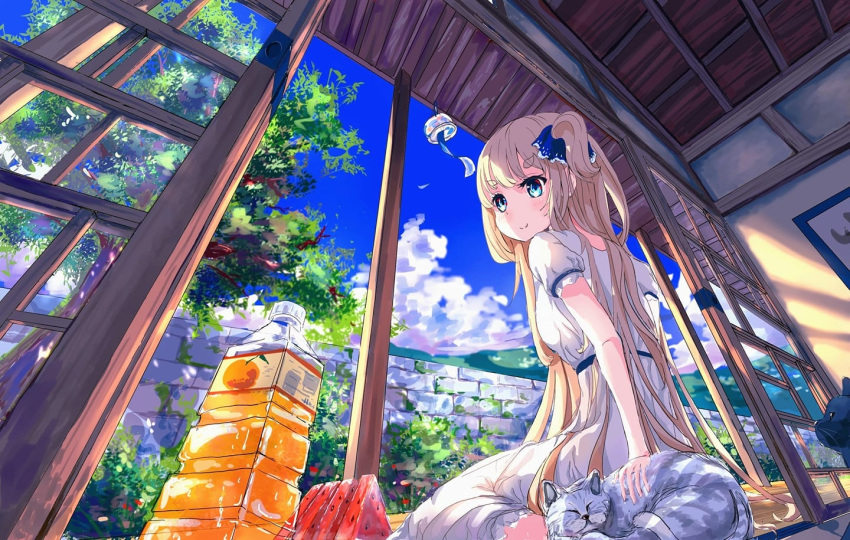 1girl bangs black_cat blonde_hair blue_eyes blue_sky blush bush c4_art cat closed_mouth cloud commentary_request dress food from_below fruit full_body grass grey_cat long_hair looking_at_viewer one_side_up orange_juice original petting short_sleeves sitting sky smile solo summer thick_eyebrows tree veranda wall wariza watermelon watermelon_slice white_dress