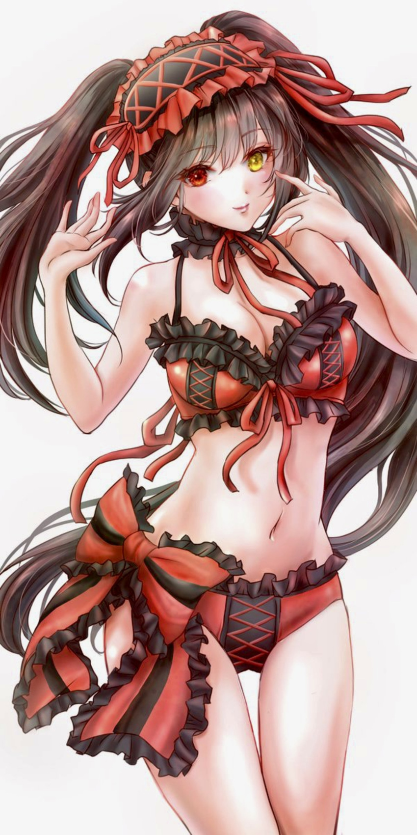 1girl absurdres bangs bikini black_choker bra breasts brown_hair choker cleavage date_a_live frilled_bra frilled_choker frilled_hairband frilled_panties frilled_swimsuit frills hair_ribbon hairband heterochromia highres lace-trimmed_panties lace_trim long_hair looking_at_viewer megaranger1997 navel panties red_bra red_eyes red_panties red_ribbon ribbon simple_background solo swimsuit tokisaki_kurumi twintails two-tone_bikini two-tone_bra two-tone_hairband two-tone_ribbon underwear white_background yellow_eyes