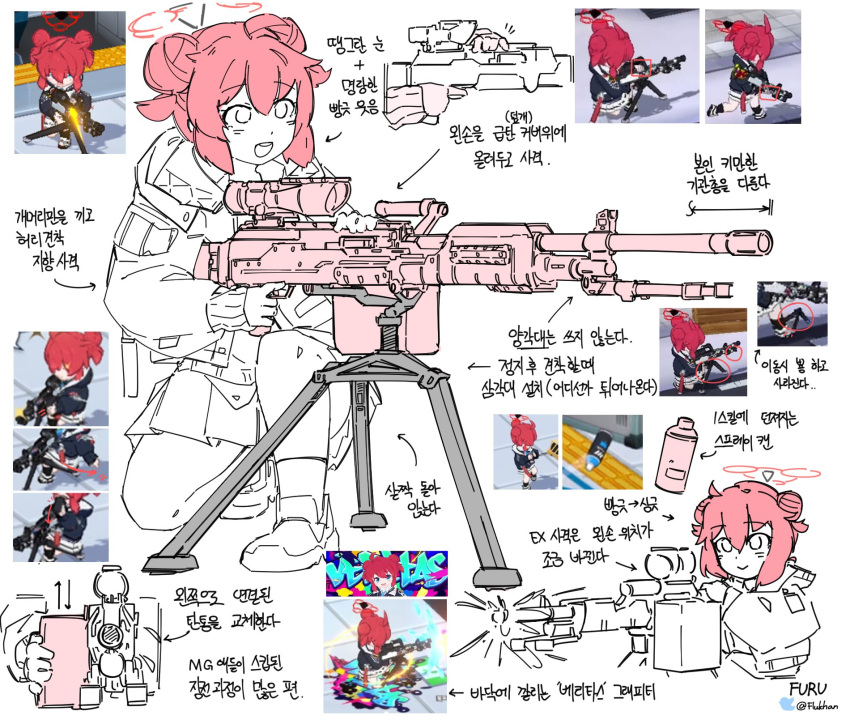 1girl bangs blue_archive double_bun flukhan game_screenshot graffiti gun hair_between_eyes hair_bun halo highres holding holding_gun holding_weapon hood hood_down hooded_jacket jacket korean_text machine_gun maki_(blue_archive) multiple_views one_knee open_mouth pleated_skirt red_hair reference_inset short_hair simple_background skirt smile socks translation_request twitter_username weapon white_background