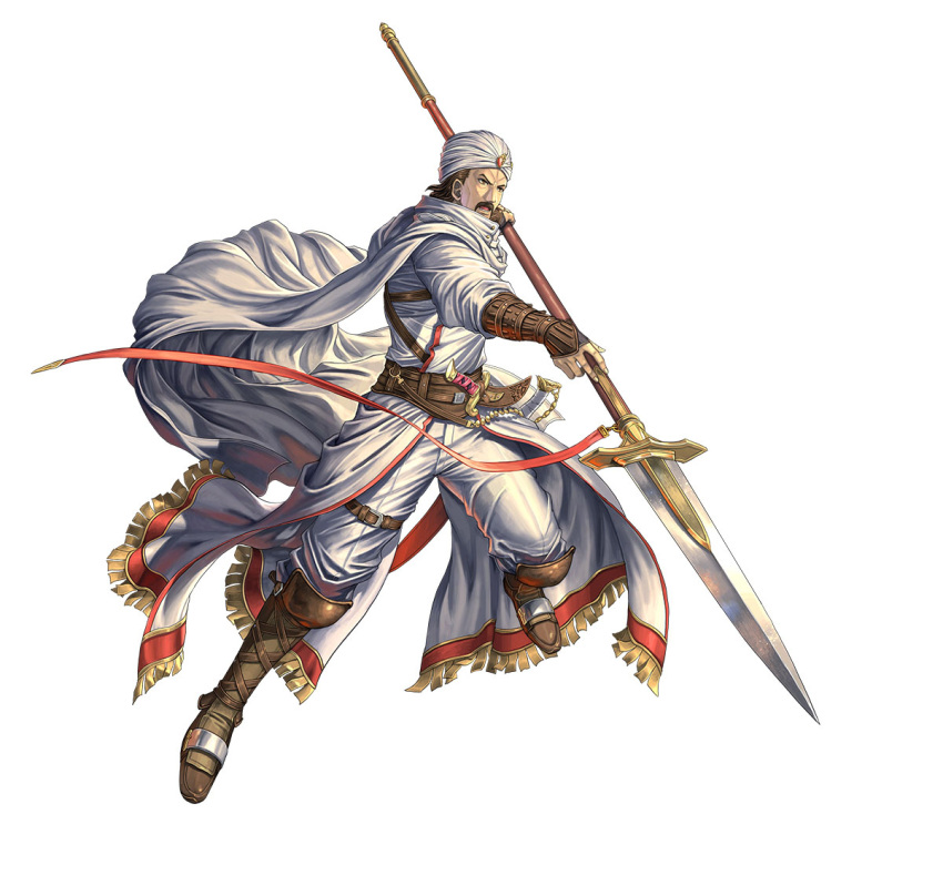 1boy boots brown_hair cape dagger facial_hair fingerless_gloves fire_emblem fire_emblem:_mystery_of_the_emblem fire_emblem_heroes gloves hardin_(fire_emblem) holding holding_polearm holding_weapon izuka_daisuke knife leather leather_boots leather_gloves looking_at_viewer mustache official_art polearm solo spear sword turban weapon white_cape