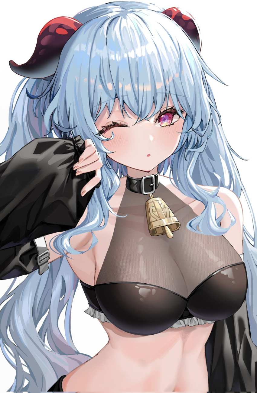 1girl :o alternate_hairstyle arm_up armpit_crease armpits bare_shoulders bell belt_collar black_bra black_choker black_sleeves blue_hair bra breasts choker cleavage cleavage_cutout clothing_cutout collar cowbell detached_sleeves ganyu_(genshin_impact) genshin_impact goat_horns hair_between_eyes highres horns lace_trim large_breasts long_hair looking_at_viewer midriff midriff_peek navel neck_bell one_eye_closed open_mouth parted_lips puffy_sleeves purple_eyes red_horns rubbing_eyes stomach twintails ueng underwear upper_body