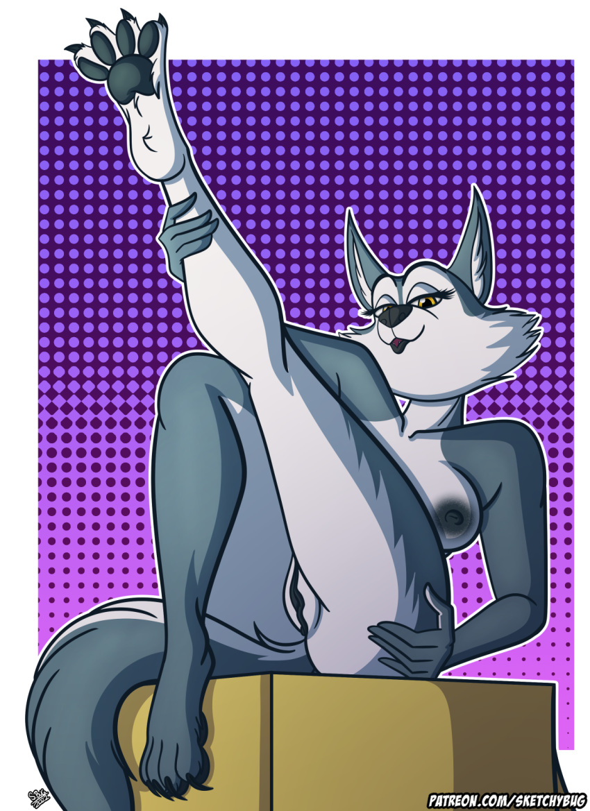2022 4_toes 5_fingers anthro black_nose black_pawpads breasts canid canine canis cheek_tuft claws digital_media_(artwork) facial_tuft fangs feet female fingers fur genitals grey_body grey_fur hi_res hindpaw holding_leg holding_own_leg humanoid_hands illumination_entertainment mammal multicolored_body multicolored_fur nipples nude pawpads paws porsha_crystal presenting presenting_pussy pussy raised_leg sing_(movie) sitting sketchybug smile solo text toe_claws toes tuft two_tone_body two_tone_fur url white_body white_fur wolf