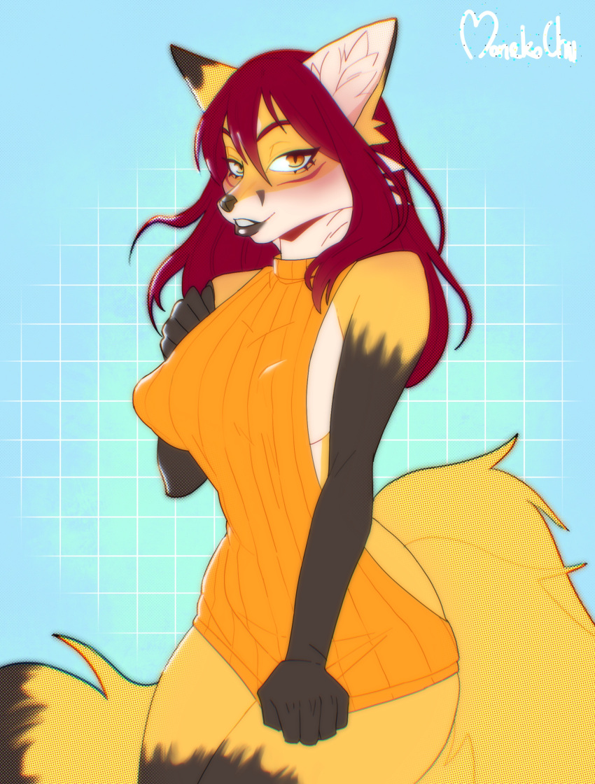 2022 absurd_res anthro blush breasts brown_body brown_fur canid canine clothed clothing clothing_pull dipstick_ears dipstick_tail dress dress_pull ezo_red_fox facial_markings female fox fur hair head_markings hi_res looking_at_viewer mammal markings meme meme_clothing moneko_chii multi_tail multicolored_ears neck_tuft nipple_outline orange_eyes partially_clothed red_fox red_hair smile smiling_at_viewer solo sweater sweater_dress tail_markings topwear tuft underwear underwear_down undressing virgin_killer_sweater vulpes_foxnik white_body white_fur yellow_body yellow_fur