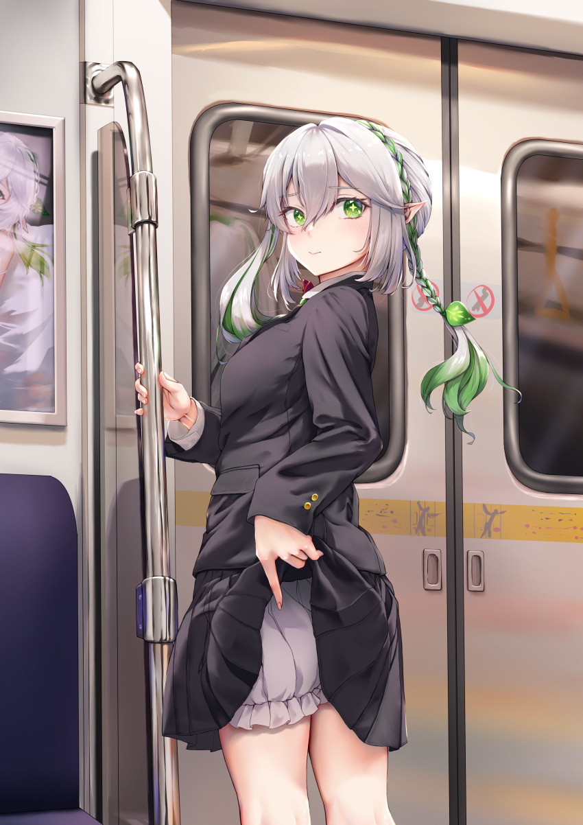 1girl absurdres aged_up alternate_costume ass bangs blazer bloomers braid clothes_lift commentary_request from_behind genshin_impact gradient_hair green_eyes grey_hair ground_vehicle hair_between_eyes hair_ornament highres holding jacket koyui_(ziwei) lifted_by_self long_hair long_sleeves looking_at_viewer looking_back multicolored_hair nahida_(genshin_impact) pleated_skirt pointy_ears reflection school_uniform seat sidelocks single_braid skirt skirt_lift smile solo symbol-shaped_pupils train train_interior twintails underwear window