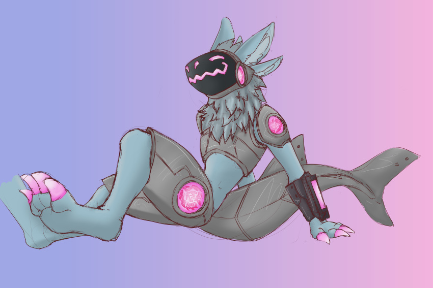 3:2 4_ears absurd_res anthro armband armus_(artist) armwear blue_body blue_fur claws claws_out clothing female flower fur guide_lines hi_res machine multi_ear pawpads paws pink_eyes pink_nose plant protogen protogen_visor rose_(flower) shark_tail sitting smile smug solo waifu_hearts