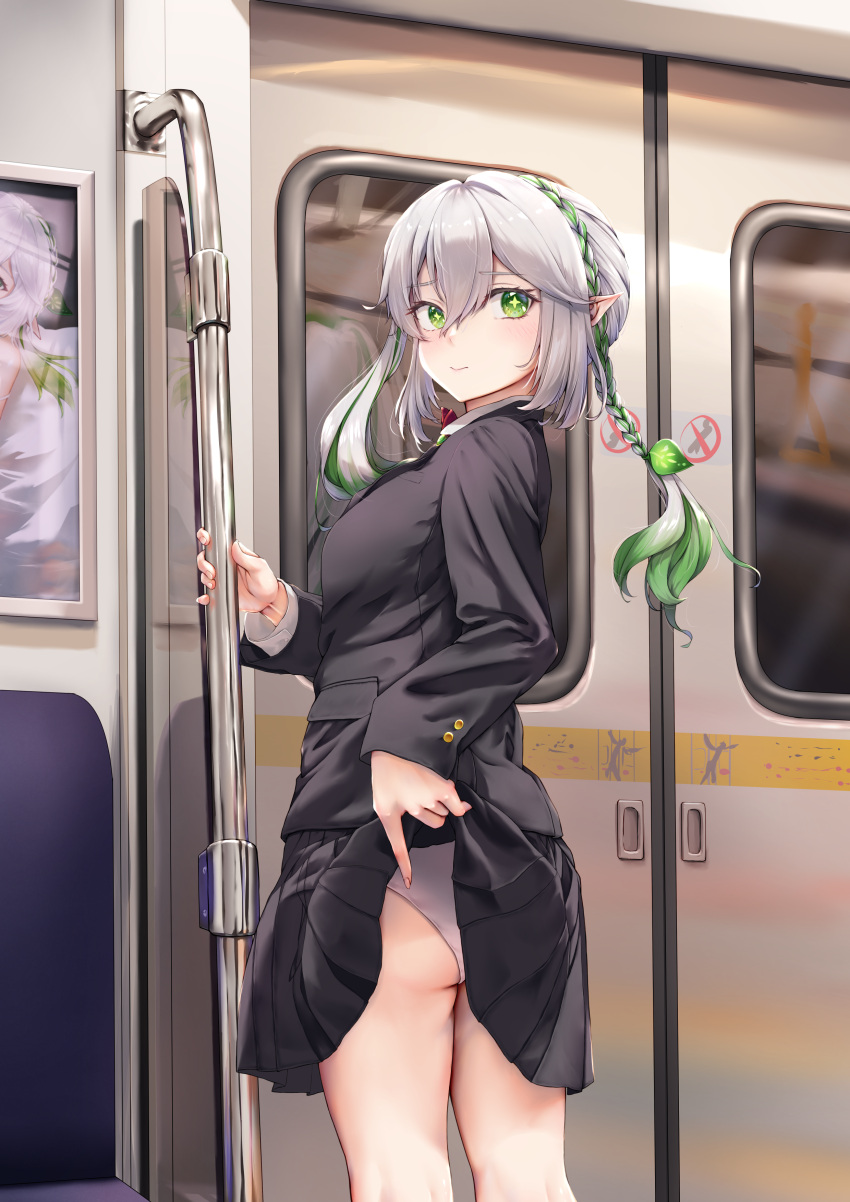 1girl absurdres aged_up alternate_costume ass bangs blazer braid clothes_lift commentary_request from_behind genshin_impact gradient_hair green_eyes grey_hair ground_vehicle hair_between_eyes hair_ornament highres holding jacket koyui_(ziwei) lifted_by_self long_hair long_sleeves looking_at_viewer looking_back multicolored_hair nahida_(genshin_impact) panties pleated_skirt pointy_ears reflection school_uniform seat sidelocks single_braid skirt skirt_lift smile solo symbol-shaped_pupils train train_interior twintails underwear white_panties window