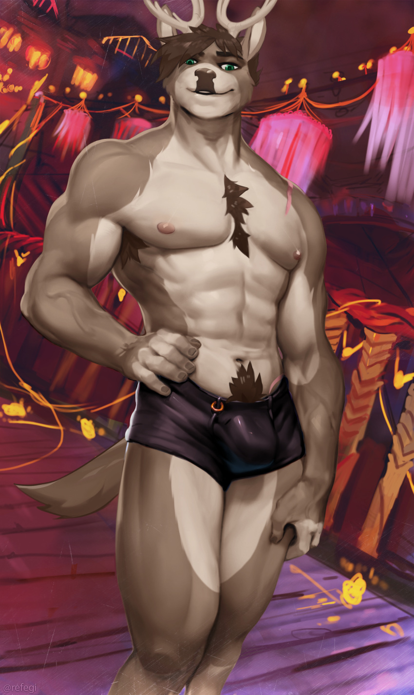 absurd_res anthro antlers brown_hair bulge cervid chest_tuft clothed clothing detailed_background fur green_eyes hair hand_on_hip hi_res horn lamp lantern looking_at_viewer male mammal muscular muscular_anthro muscular_male nipples pecs pubes refegi rook_(lazymoose) scar smile solo standing tan_body tan_fur tuft underwear underwear_only