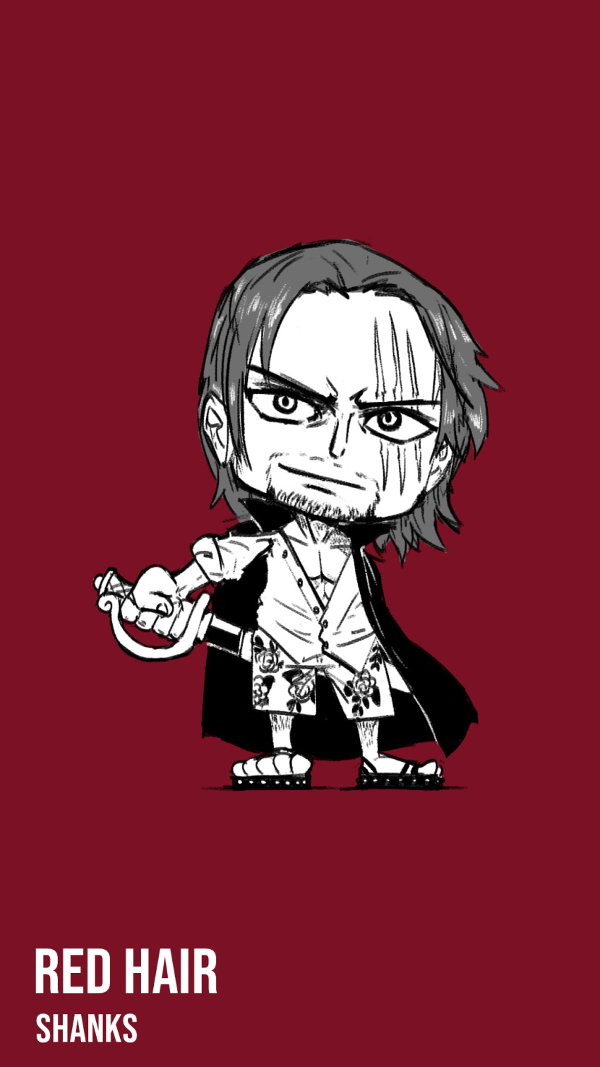 1boy abs beard blacknirrow buttons cape character_name chibi closed_mouth collarbone commentary english_commentary english_text facial_hair floral_print forehead full_body happy highres holding holding_sword holding_weapon leg_hair male_focus monochrome one_piece open_clothes open_shirt red_background sandals scar scar_across_eye scar_on_face shanks_(one_piece) sheath shiny shiny_hair shirt short_hair short_sleeves shorts sidelocks simple_background sketch smile solo standing sword unsheathing v-shaped_eyebrows weapon