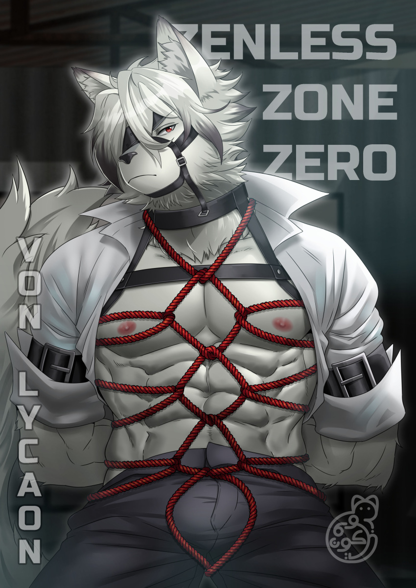 2022 absurd_res anthro bare_chest bayoukun black_bottomwear black_clothing black_pants bottomwear butler canid canine canis clothing english_text fur harness hi_res male mammal mihoyo muscular muscular_anthro muscular_male name_in_background pants red_eyes rope sitting text title video_games von_lycaon watermark white_body white_fur wolf zenless_zone_zero