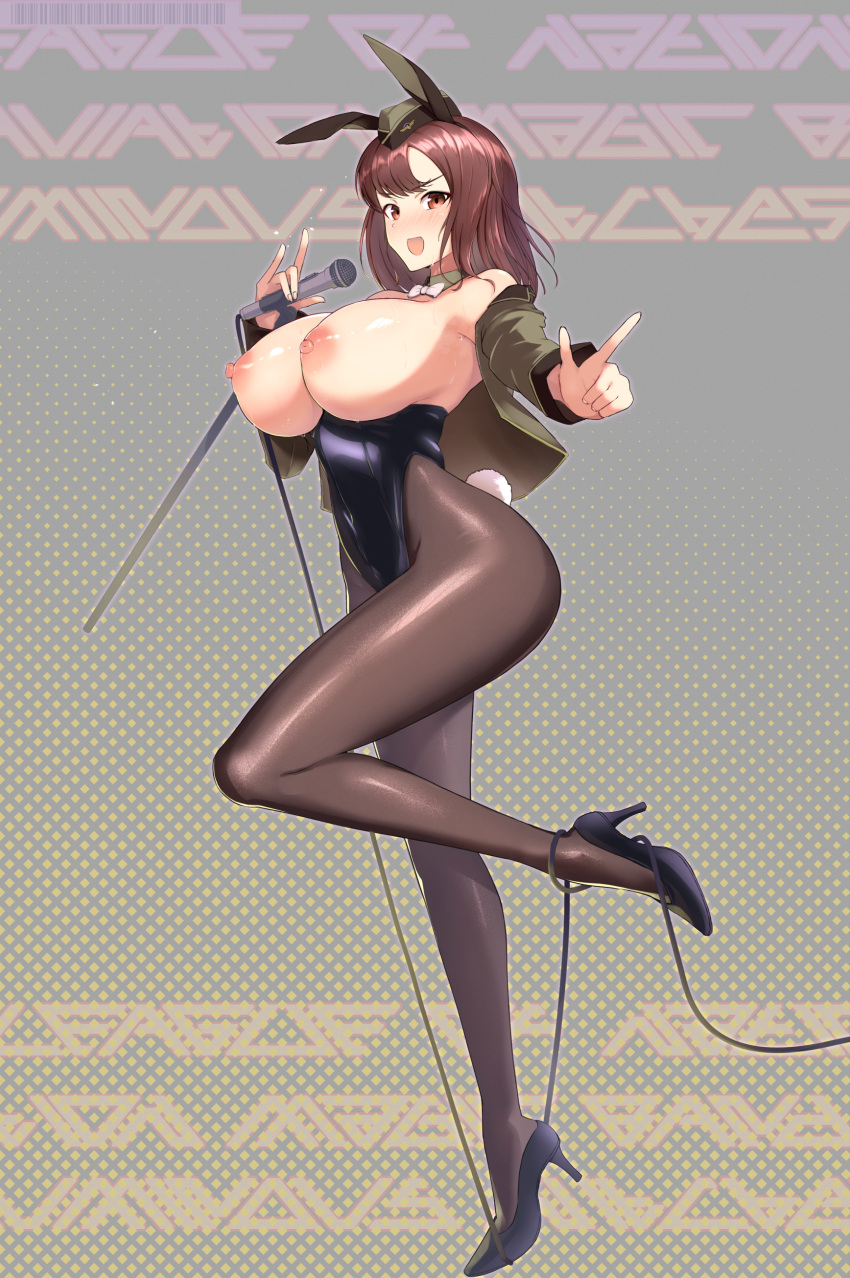 1girl absurdres animal_ears black_footwear black_leotard blush breasts breasts_out brown_hair cleavage detached_collar fake_animal_ears fake_tail grace_maitland_steward green_jacket hat high_heels highres holding holding_microphone jacket large_breasts leg_lift leotard looking_at_viewer luminous_witches microphone microphone_stand nipples open_mouth pantyhose playboy_bunny pointing polka_dot polka_dot_background rabbit_ears rabbit_tail red_eyes sideboob solo strapless strapless_leotard tail varie7k world_witches_series