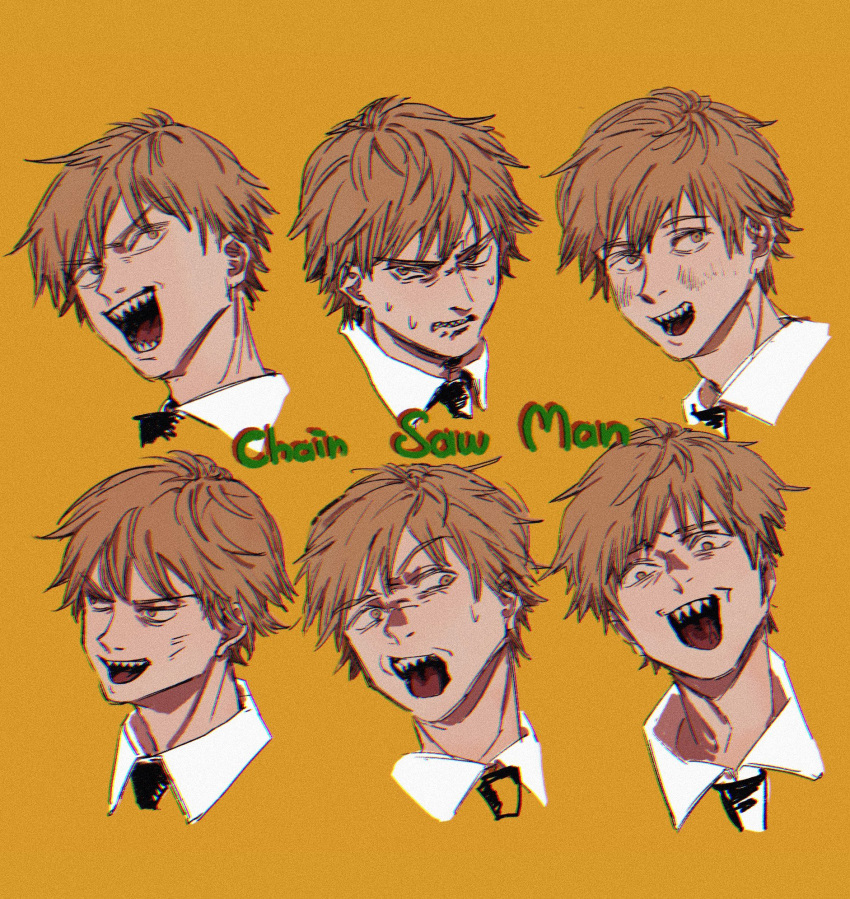 angry black_necktie blonde_hair chainsaw_man clone collar denji_(chainsaw_man) disgust happy head_only highres looking_at_viewer looking_to_the_side necktie open_mouth sharp_teeth short_hair smile tasuketemama teeth yellow_eyes