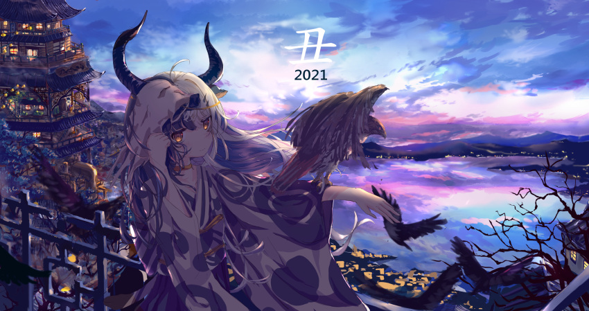 1girl 2021 architecture bangs bird black_hair black_horns black_kimono blue_sky blush building c4_art chinese_zodiac closed_mouth cloud commentary_request cow_horns cowboy_shot eagle east_asian_architecture highres horns japanese_clothes kimono lake long_hair looking_at_viewer morning mountainous_horizon multicolored_hair original pink_sky railing scenery sky solo two-tone_hair two-tone_kimono white_hair white_kimono wide_sleeves year_of_the_ox yellow_eyes