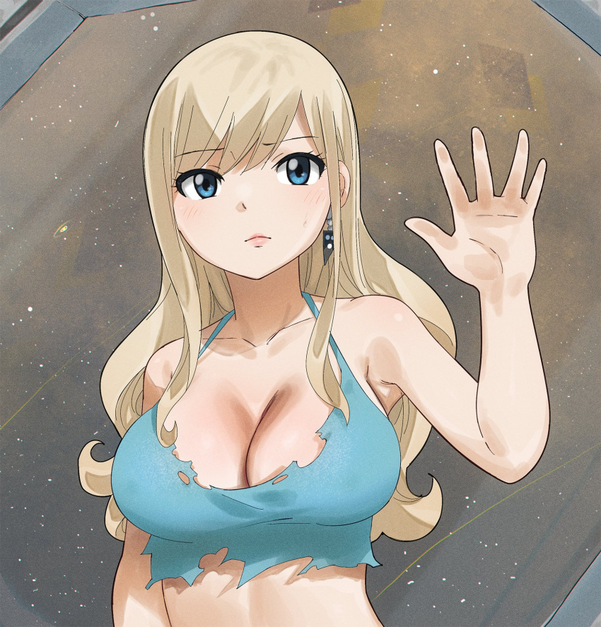 1girl blonde_hair blue_eyes blush breasts cleavage earrings eden's_zero gaston18 glass highres jewelry large_breasts long_hair looking_up rebecca_bluegarden solo torn_clothes upper_body