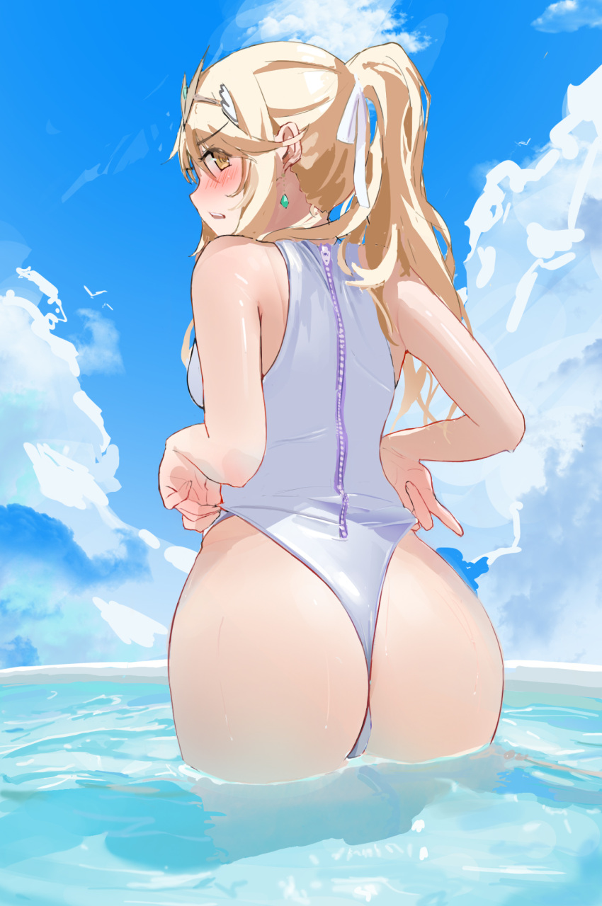 1girl adjusting_clothes ass bangs bare_shoulders blonde_hair blue_sky blush chest_jewel chinese_commentary cloud cloudy_sky commentary_request cowboy_shot earrings from_behind hair_tie hairband headpiece highres jewelry long_hair looking_at_viewer mythra_(xenoblade) ocean one-piece_swimsuit open_mouth ponytail sky sleeveless solo standing swept_bangs swimsuit teeth tiara tsundere user_mnee2255 water white_hairband white_one-piece_swimsuit xenoblade_chronicles_(series) xenoblade_chronicles_2 yellow_eyes zipper