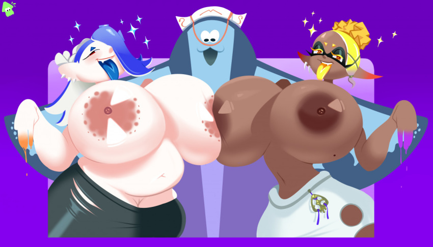 anthro areola big_breasts big_man_(splatoon) breasts chubby_female female female/female freshlysqueezed frye_(splatoon) group huge_breasts humanoid male male/female nintendo shiver_(splatoon) slightly_chubby splatoon tongue tongue_out trio video_games