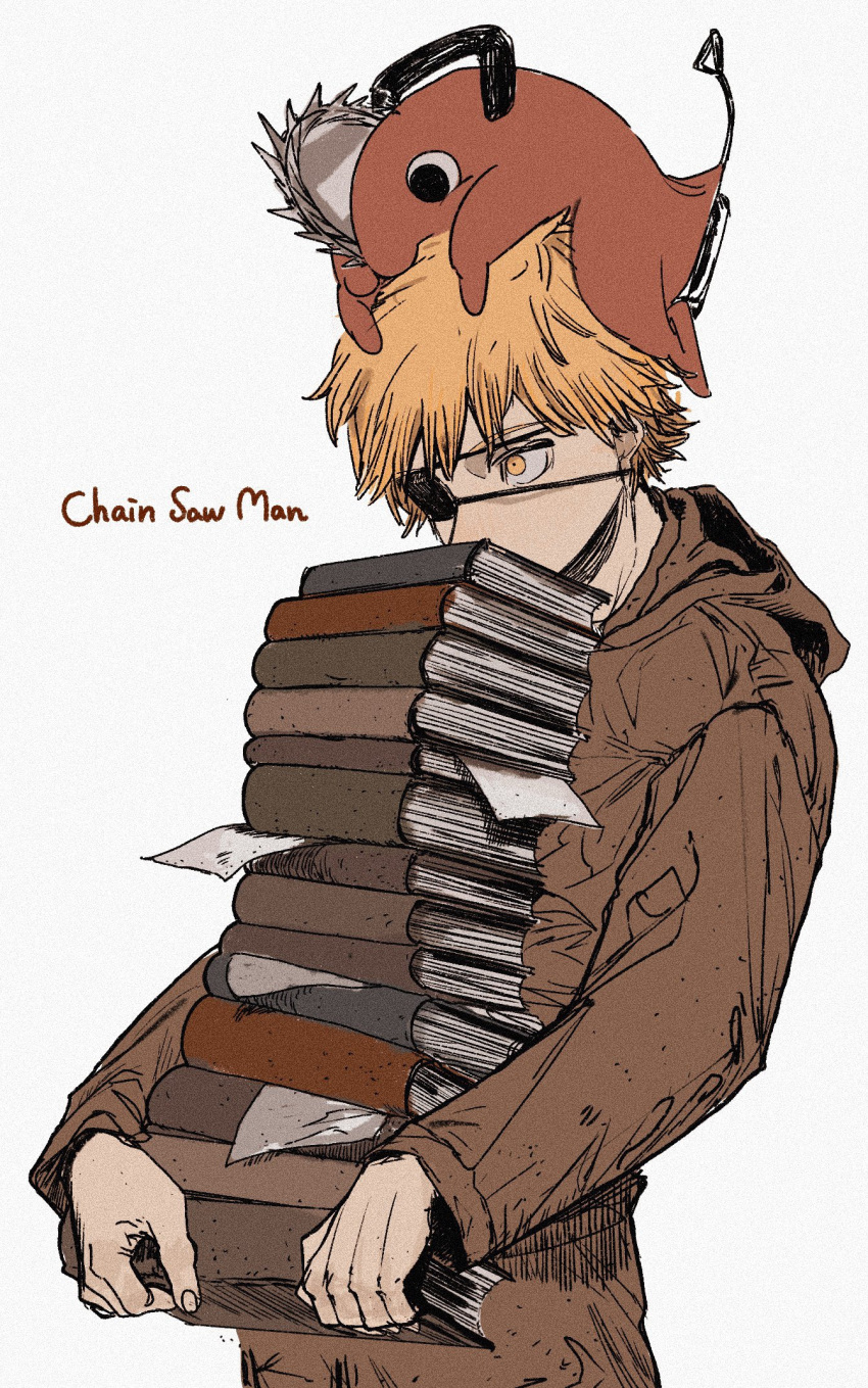 1boy animal_on_head bangs blonde_hair book book_stack brown_hoodie chainsaw chainsaw_man covered_mouth denji_(chainsaw_man) eyepatch highres holding holding_book hood hoodie looking_to_the_side on_head pochita_(chainsaw_man) short_hair simple_background solo_focus spiked_hair tasuketemama white_background yellow_eyes