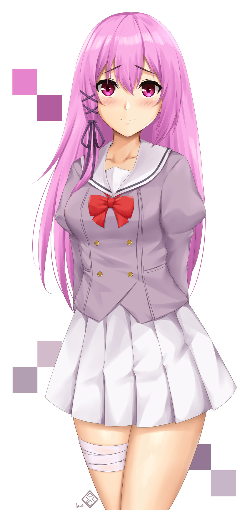 1girl absurdres arcie_albano artist_logo bandaged_leg bandages bow breasts collarbone color_guide engage_kiss hair_between_eyes hair_ornament highres kisara_(engage_kiss) long_hair long_sleeves looking_at_viewer medium_breasts pink_hair pleated_skirt purple_eyes red_bow school_uniform serafuku simple_background skirt solo white_background white_skirt x_hair_ornament