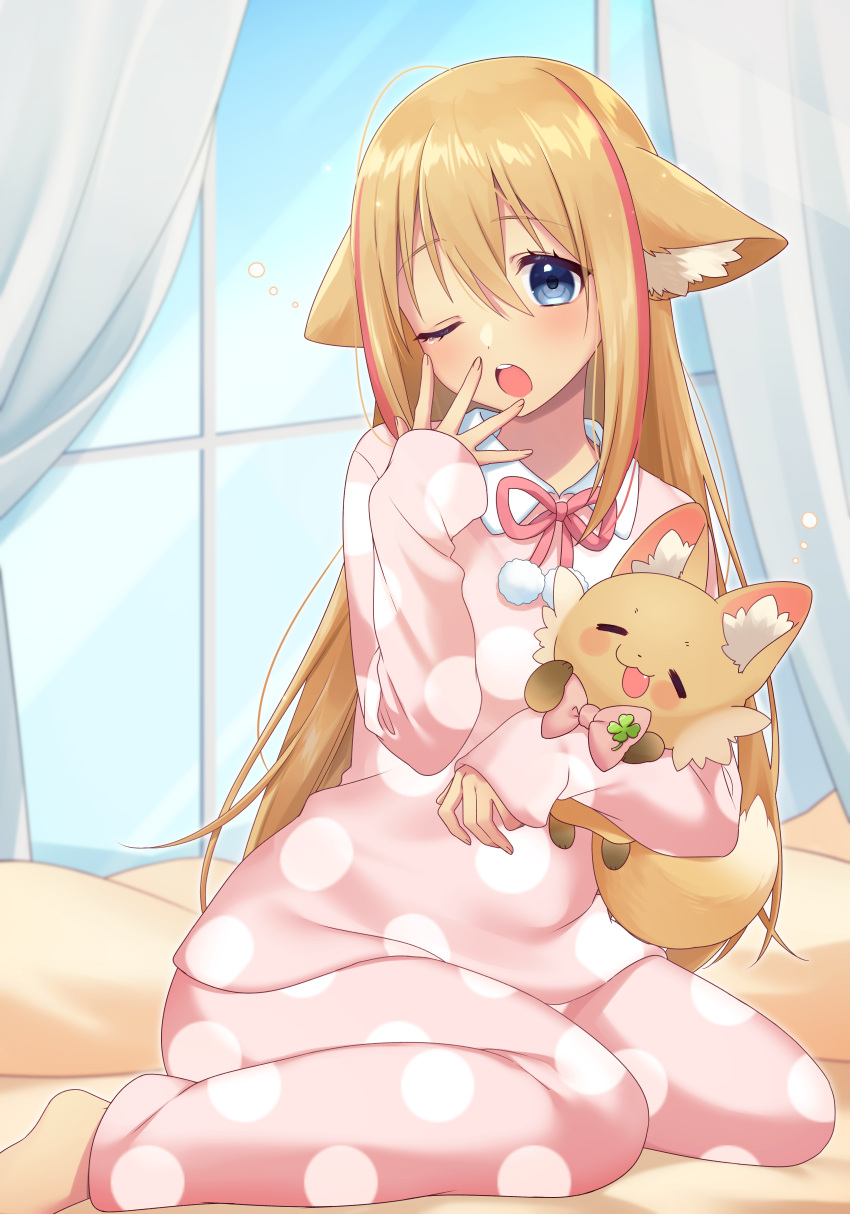 1girl ;o absurdres animal animal_ear_fluff animal_ears animal_hug bangs blonde_hair blush collared_shirt commission copyright_request curtains day fox hair_between_eyes hand_up highres indoors long_hair long_sleeves looking_at_viewer multicolored_hair one_eye_closed open_mouth pajamas pants pink_pajamas pink_pants pink_shirt polka_dot polka_dot_pajamas polka_dot_pants polka_dot_shirt red_hair sakura_chiyo_(konachi000) shirt sleeves_past_wrists solo streaked_hair teeth upper_teeth very_long_hair virtual_youtuber window