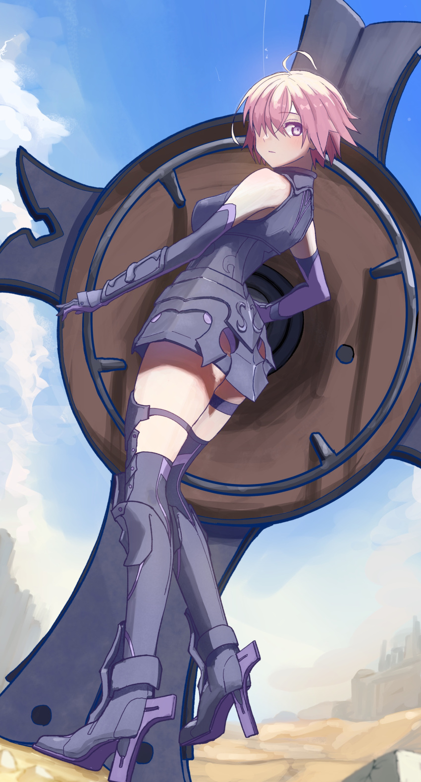 1girl absurdres armor armored_boots armored_leotard bare_shoulders black_armor blue_sky boots breastplate closed_mouth cloud day detached_sleeves fate/grand_order fate_(series) gauntlets hair_over_one_eye high_heels highres holding holding_shield holding_weapon light_purple_hair looking_at_viewer mash_kyrielight mixed-language_commentary one_eye_covered outdoors purple_eyes sand shield short_hair sky solo suzak1nuta weapon