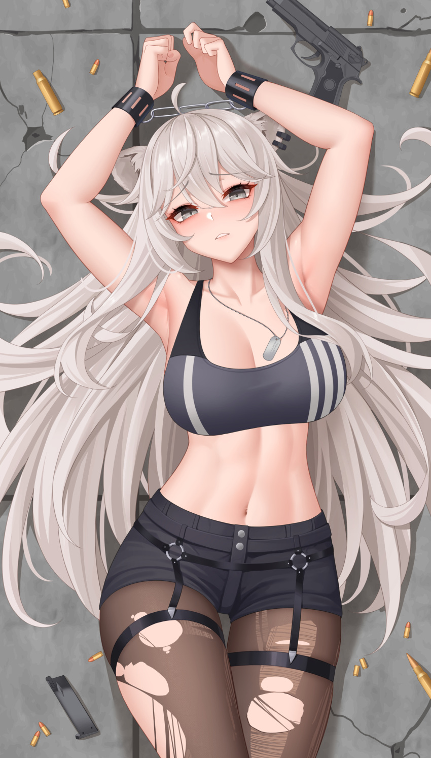1girl absurdres ahoge animal_ears arms_up beretta_92 black_pantyhose black_shorts black_sports_bra blush breasts cleavage cowboy_shot cuffs dog_tags grey_hair gun hair_between_eyes hair_spread_out handgun head-mounted_display highres hololive large_breasts lion_ears lion_girl long_hair looking_at_viewer lying midriff navel on_back pantyhose pantyhose_under_shorts parted_lips shackles shell_casing shishiro_botan shorts solo sports_bra torn_pantyhose very_long_hair virtual_youtuber weapon wei_xiao