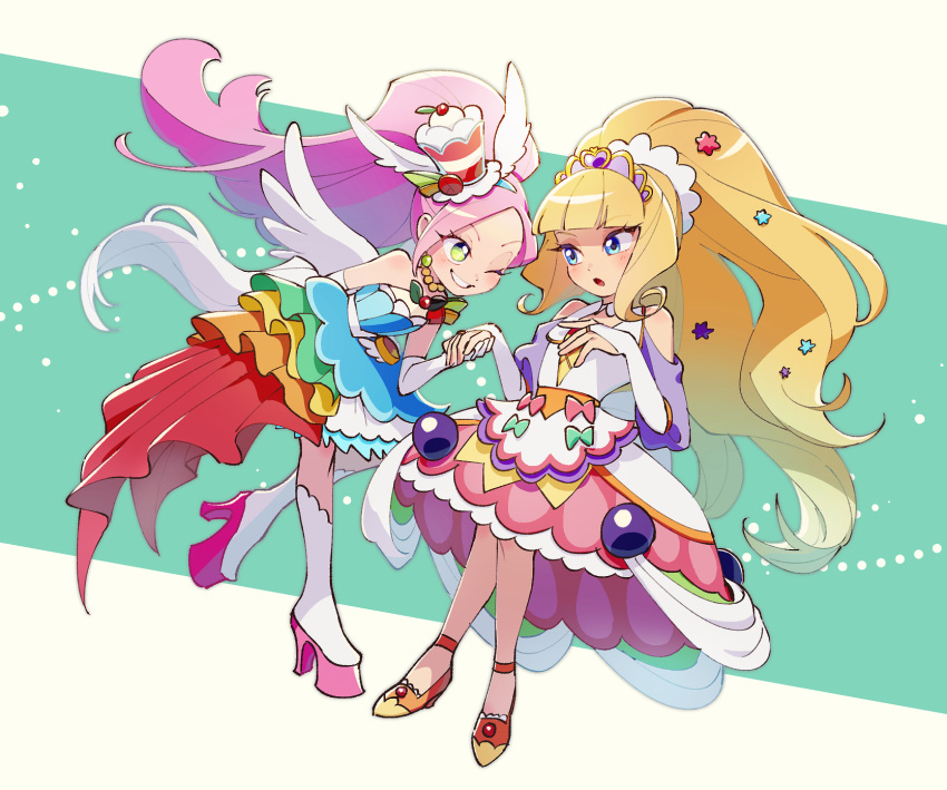 2girls :o bare_shoulders blonde_hair blue_eyes blue_hairband blush boots bridal_gauntlets choker clothing_cutout collarbone commentary_request cure_finale cure_parfait delicious_party_precure diadem dress earrings elbow_gloves eyelashes gloves green_eyes hair_ornament hairband happy hat high_heel_boots high_heels high_ponytail highres jewelry kasai_amane kirahoshi_ciel kirakira_precure_a_la_mode layered_dress layered_skirt long_dress long_hair looking_at_another magical_girl multicolored_clothes multicolored_dress multiple_girls necklace one_eye_closed pink_hair ponytail precure skirt smile ukata white_gloves