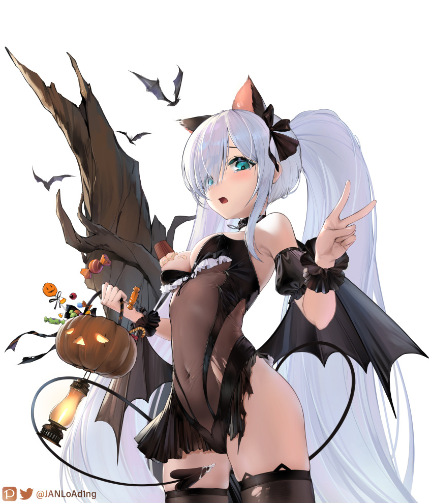1girl absurdres animal_ear_legwear animal_ears azur_lane bare_shoulders bat_(animal) black_dress black_tail black_thighhighs black_wings blue_eyes breasts cat_ears chinese_commentary cleavage commentary_request covered_navel cowboy_shot demon_tail demon_wings dress eyes_visible_through_hair fake_animal_ears hair_over_one_eye halloween_costume highres holding jack-o'-lantern janload1ng janus_(azur_lane) janus_(fright-night_scaredy-cat)_(azur_lane) lantern long_hair looking_at_viewer medium_breasts official_alternate_costume open_mouth pixiv_logo see-through simple_background solo tail thighhighs thighs torn_clothes torn_dress torn_thighhighs tree twintails twitter_logo twitter_username v very_long_hair white_background white_hair wings