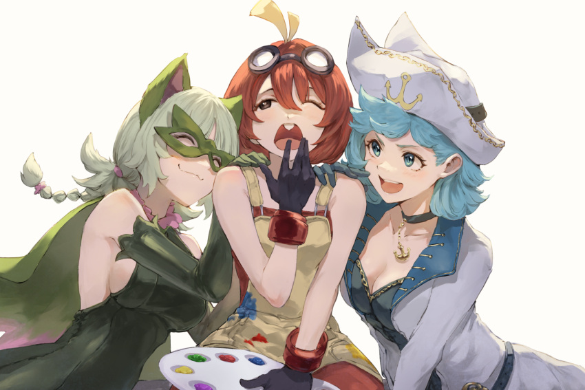 3girls :3 :d anchor_print animal_ears apron bangs bare_shoulders belt black_belt black_choker black_gloves black_shirt blonde_hair braid breasts brown_apron brown_dress cat_ears choker cleavage closed_eyes collarbone dress elbow_gloves eye_mask fake_animal_ears fuecoco gloves goggles goggles_on_head green_hair grey_gloves grey_headwear grey_jacket hair_between_eyes hands_on_another's_shoulders highres holding holding_palette jacket jojobirdz large_breasts long_sleeves looking_at_another multiple_girls one_eye_closed open_clothes open_jacket paint palette_(object) personification pokemon pokemon_(game) pokemon_sv quaxly red_hair shirt short_hair simple_background single_tooth smile sprigatito teeth upper_teeth white_background yawning