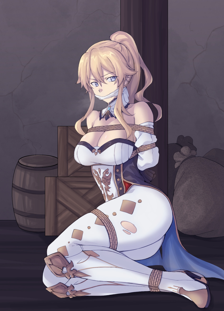 1girl arms_behind_back bag bangs bare_shoulders barrel bdsm blonde_hair blue_eyes bondage boots bound breasts cleavage cleave_gag cloth_gag commentary crate detached_collar detached_sleeves gag gagged genshin_impact hair_between_eyes hao718 highres improvised_gag indoors jean_(genshin_impact) large_breasts leggings long_hair looking_at_viewer pants ponytail rope shirt sidelocks sitting solo strapless strapless_shirt thighs white_footwear white_pants