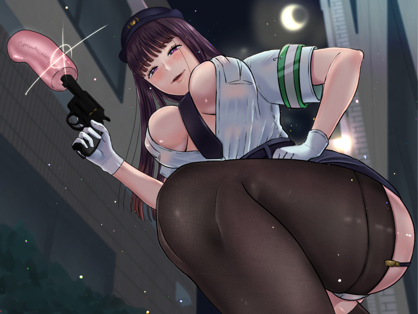 1girl artificial_vagina bangs blush breasts cleavage eyebrows_hidden_by_hair femdom gun handgun hat highres holding holding_gun holding_weapon large_breasts long_hair looking_at_viewer looking_back necktie open_clothes open_mouth original police police_hat police_uniform policewoman purple_eyes purple_hair sex_toy smile solo uniform watari_kaoru_(harupaka034) weapon