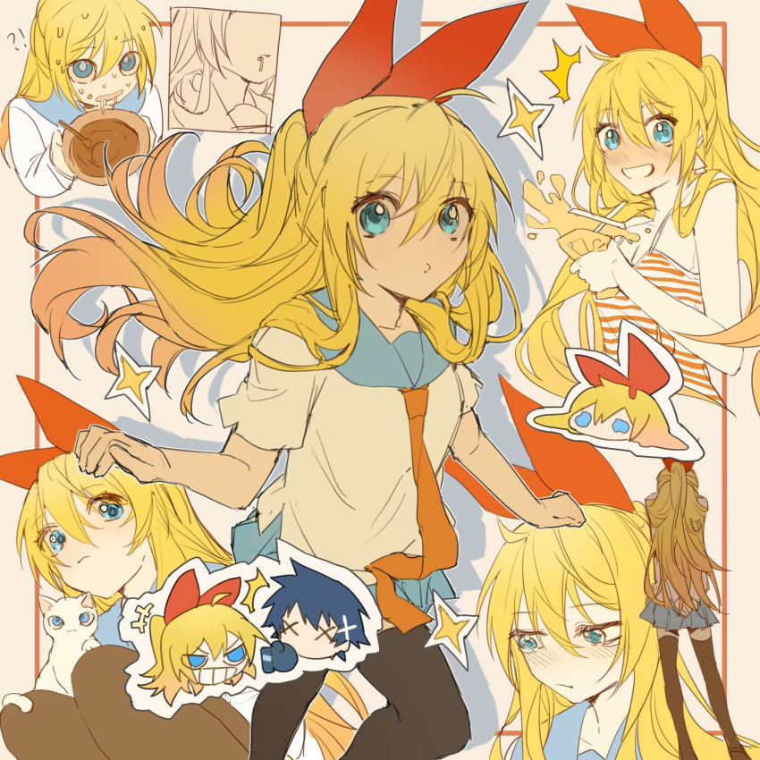 +++ 1boy 1girl ^^^ bangs bare_arms bare_shoulders blonde_hair blue_eyes blue_sailor_collar blue_skirt blush bowl boxing_gloves breasts camisole cleavage closed_mouth cup disposable_cup grin hair_between_eyes hair_ribbon highres holding holding_bowl holding_cup ichijou_raku kirisaki_chitoge kuilaogouhuabudongle long_hair medium_breasts multiple_views necktie nisekoi nose_blush pleated_skirt ponytail red_necktie red_ribbon ribbon sailor_collar shirt skirt smile spoon striped_camisole very_long_hair white_shirt x_x