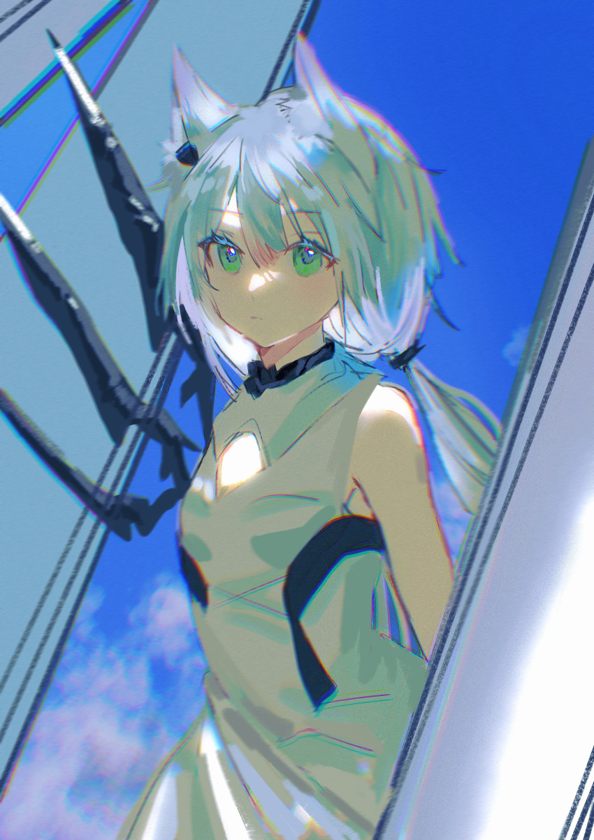 1girl absurdres animal_ears arknights bare_shoulders blue_sky cat_ears closed_mouth day detached_wings dress green_eyes grey_hair highres long_hair looking_at_viewer low_ponytail mechanical_wings official_alternate_costume outdoors rosmontis_(arknights) rosmontis_(become_anew)_(arknights) sky sleeveless sleeveless_dress solo upper_body very_long_hair white_dress wings