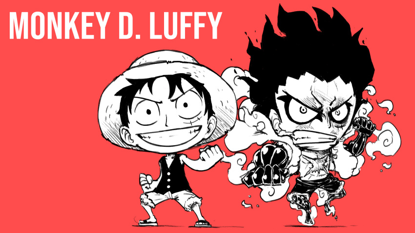 1boy arm_up arms_up bangs bare_shoulders blacknirrow buttons character_name chibi clenched_hands clenched_teeth commentary english_commentary english_text fighting_stance floating forehead full_body gear_fourth grin hand_up happy hat highres legs_apart looking_at_viewer male_focus monkey_d._luffy monochrome multiple_views one_piece outstretched_arm red_background sandals scar scar_on_chest scar_on_face shorts simple_background smile smoke spiked_hair standing straw_hat teeth topless_male v-shaped_eyebrows vest wide-eyed