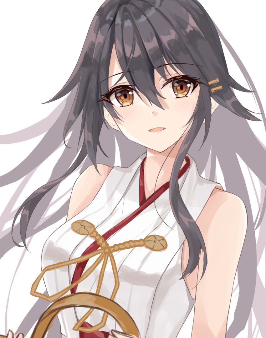 1girl black_hair brown_eyes commentary_request detached_sleeves gensoukitan hair_ornament hairband hairband_removed hairclip haruna_(kancolle) headgear headgear_removed highres holding japanese_clothes kantai_collection long_hair looking_at_viewer ribbon-trimmed_sleeves ribbon_trim simple_background solo upper_body white_background