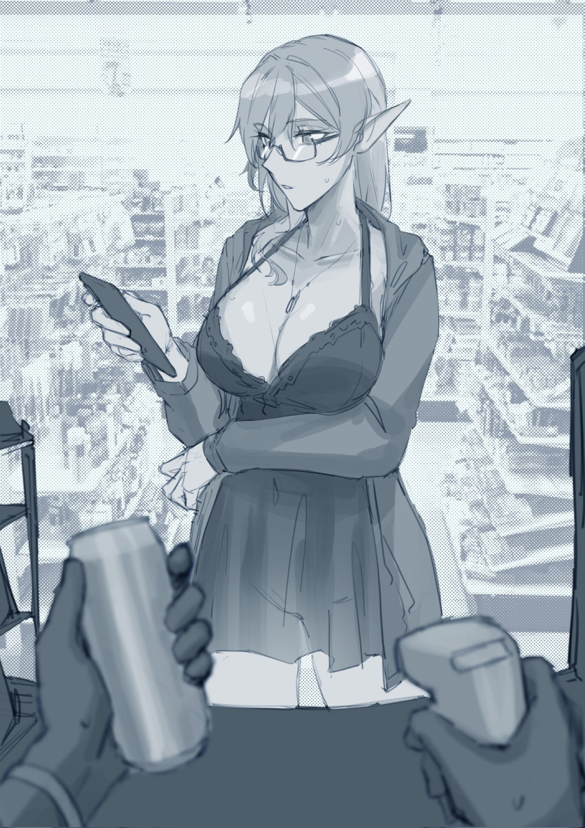 1girl arm_under_breasts breasts can cellphone dangodes elf highres hood hoodie indoors jewelry large_breasts long_hair monochrome navel necklace original parted_lips pendant phone pointy_ears pov see-through semi-rimless_eyewear shop smartphone solo standing