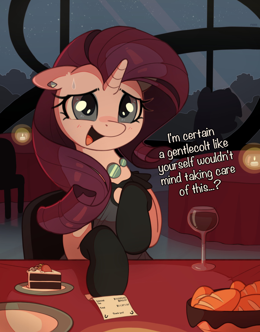 absurd_res alcohol beverage bodily_fluids cake clothed clothing dessert dialogue english_text equid equine eyelashes female food friendship_is_magic furniture hair hasbro hi_res horn jewelry mammal my_little_pony necklace nookprint purple_hair rarity_(mlp) sweat sweatdrop table text unicorn wine