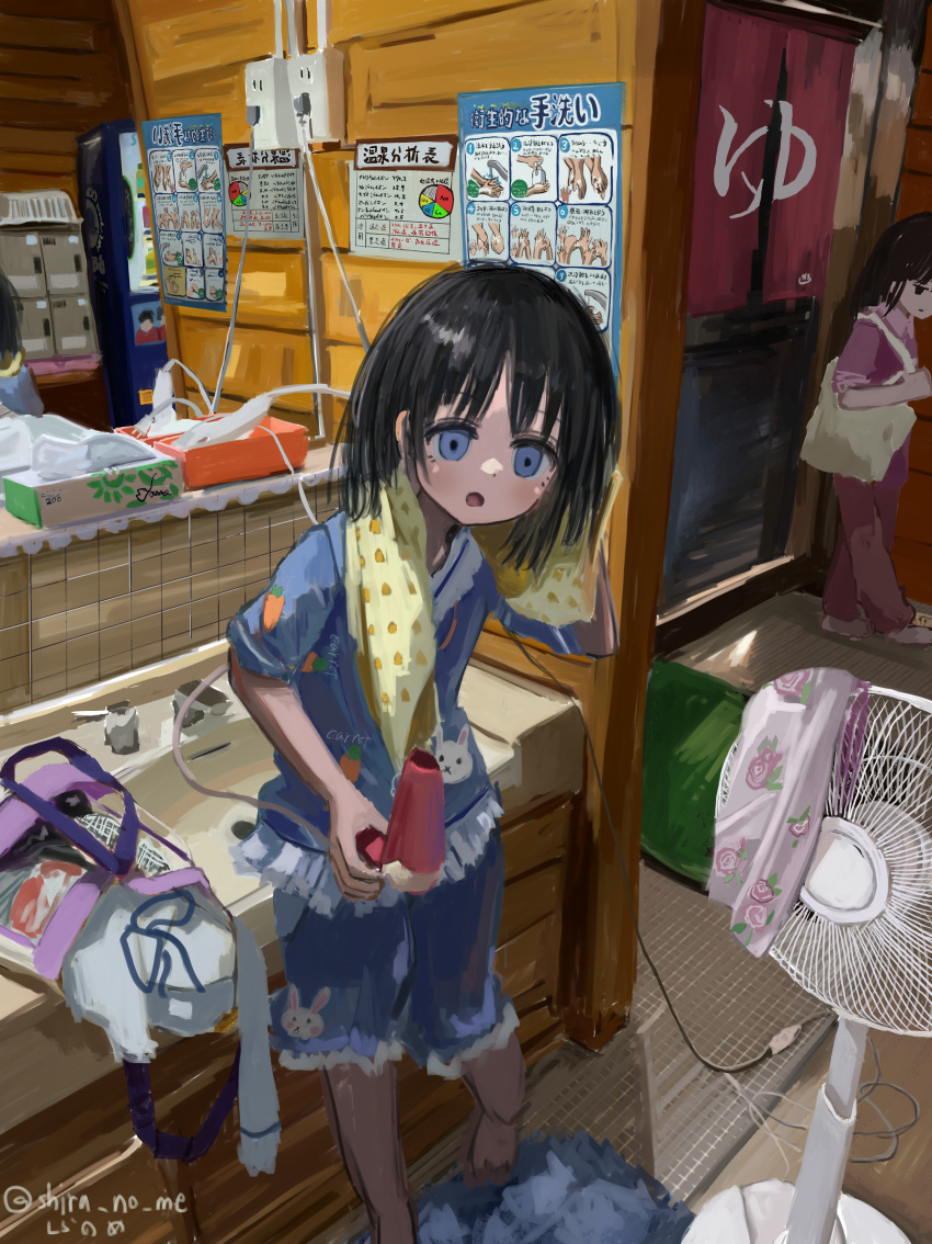 2girls absurdres bag bangs bath bathhouse black_hair blue_eyes blue_pajamas full_body hair_dryer highres holding holding_hair_dryer long_sleeves mikun109323 multiple_girls onsen open_mouth original pajamas pants scenery shirt sink solo_focus standing towel