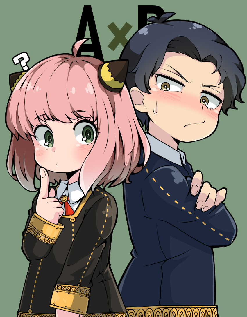 1boy 1girl ? absurdres ahoge anya_(spy_x_family) bangs black_hair blush child closed_mouth damian_desmond eden_academy_uniform female_child green_eyes hairpods highres long_sleeves looking_at_another male_child medium_hair parted_bangs pink_hair school_uniform shinonome_mozuku spy_x_family yellow_eyes