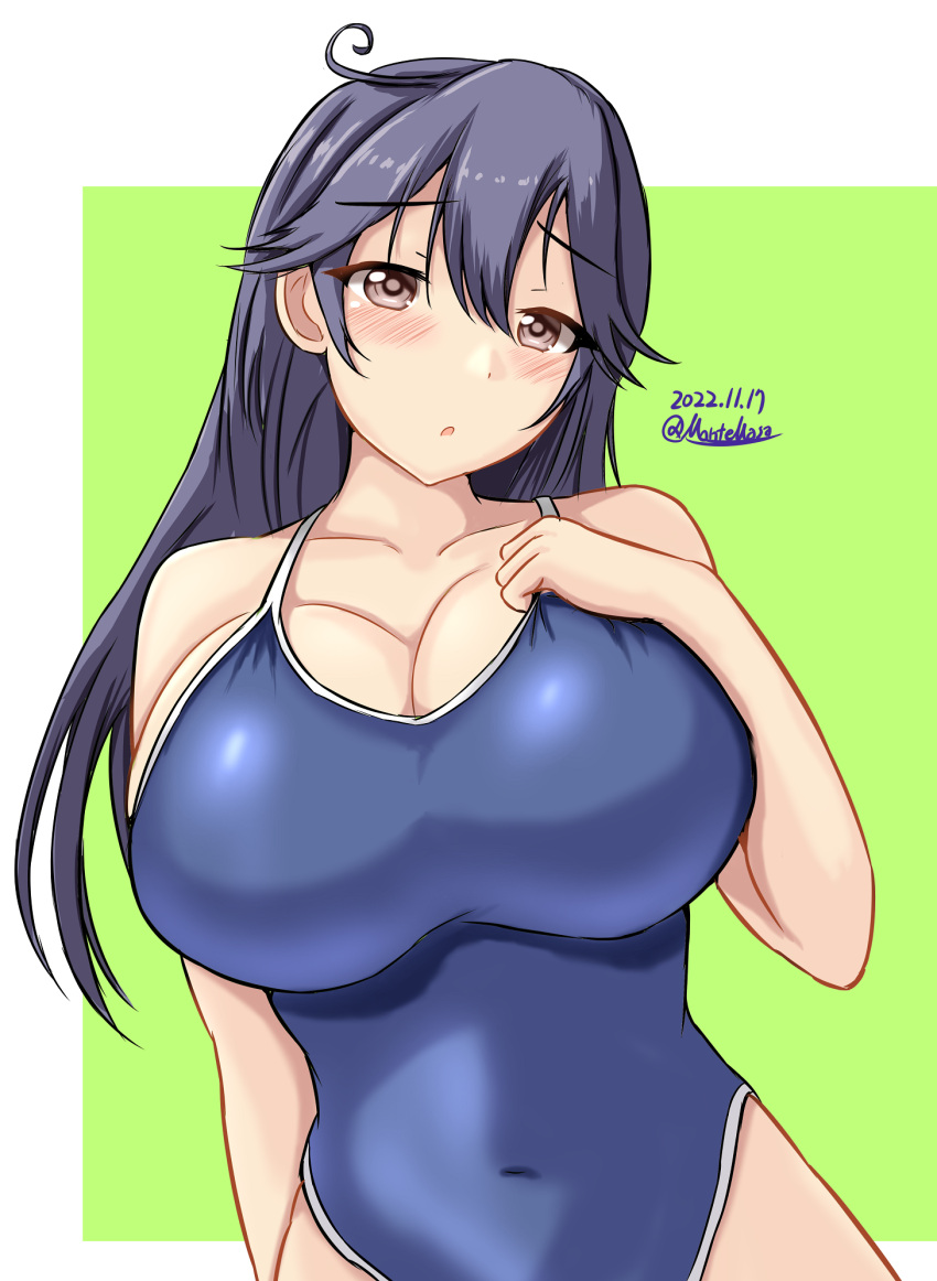 1girl :o ahoge black_hair black_one-piece_swimsuit blush breasts brown_eyes cleavage collarbone competition_swimsuit covered_navel green_background hand_on_own_chest highres impossible_clothes impossible_swimsuit kantai_collection long_hair montemasa one-piece_swimsuit signature solo swimsuit twitter_username ushio_(kancolle) white_background