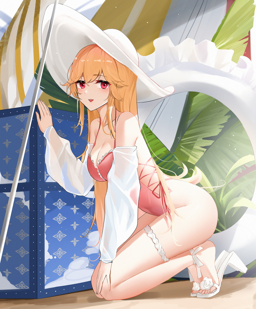 1girl ass azur_lane bare_legs bare_shoulders blonde_hair breasts chinese_commentary cleavage commentary_request cross-laced_clothes day detached_sleeves frills from_side full_body halterneck hat high_heels highleg highleg_swimsuit highres innertube kneeling leaf long_hair long_sleeves looking_at_viewer official_alternate_costume outdoors parted_lips pink_one-piece_swimsuit qing_wu red_eyes richelieu_(azur_lane) richelieu_(fleuron_of_the_waves)_(azur_lane) see-through see-through_sleeves side-tie_swimsuit smile solo summer sun_hat swimsuit thigh_strap thighs tiptoes white_footwear white_headwear white_sleeves