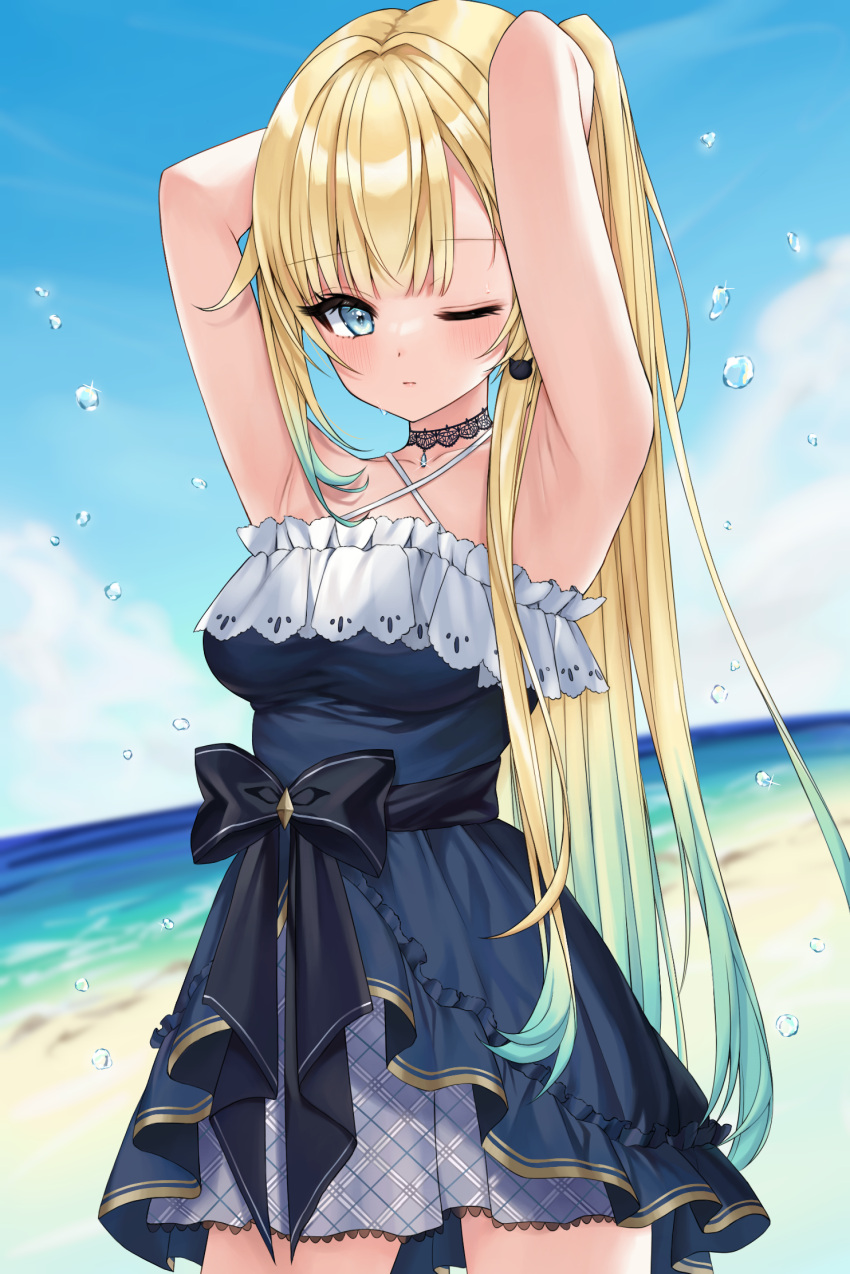 1girl aizawa_ema armpits arms_behind_head arms_up bangs bare_shoulders beach black_bow blonde_hair blue_eyes blue_hair blue_sky bow cat_earrings choker cloud criss-cross_halter day dress frilled_dress frills gradient_hair halterneck hapinal highres lace lace-trimmed_skirt lace_choker lace_trim long_hair looking_at_viewer miniskirt multicolored_hair ocean one_eye_closed outdoors plaid plaid_skirt ponytail sash skirt sky solo very_long_hair virtual_youtuber vspo! water water_drop