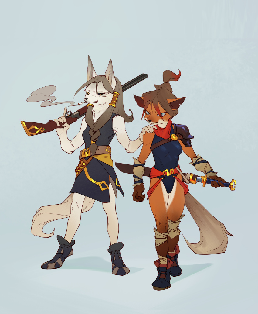2022 absurd_res accessory anthro armor belt blue_eyes breasts canid canine cigarette clothing duo female footwear fox gun hair hair_accessory hand_on_shoulder hi_res leotard long_hair mammal melee_weapon notched_ear pauldron ranged_weapon shoes short_hair shotgun smoking sword weapon yellow_eyes zeker